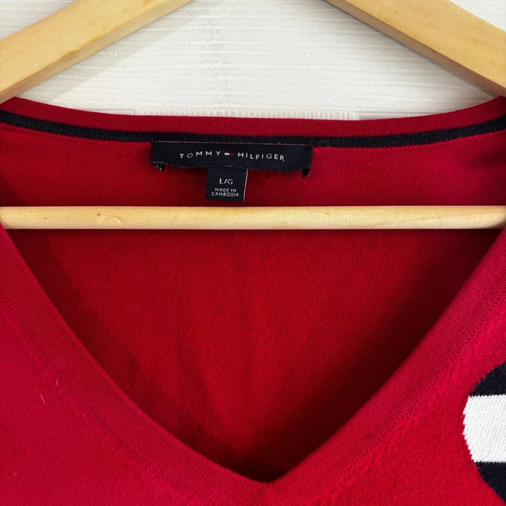 Tommy‎ Hilfiger Red V Neck Heart Logo Long Sleeve Sweater Women's L G - Picture 2 of 6